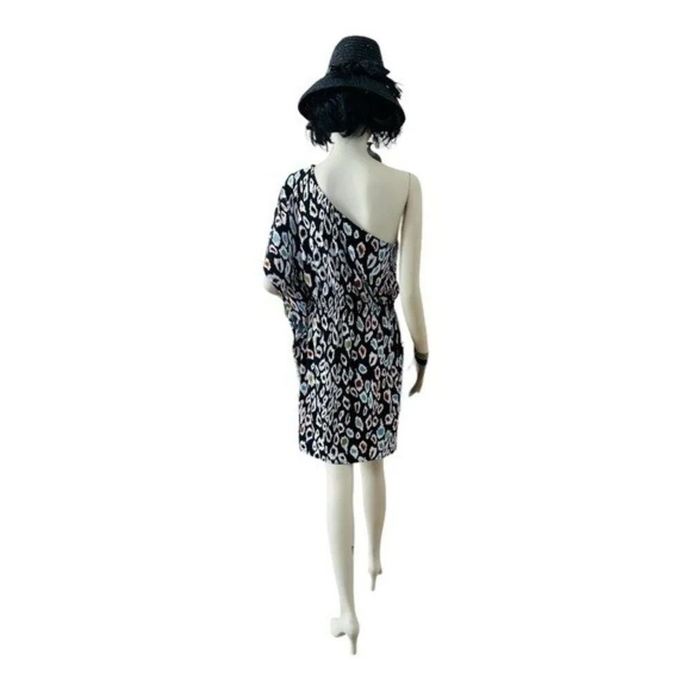 NICOLE MILLER Black One Shoulder Ruffle Bodycon Dress Sz M Multicolor Spotted VG - Picture 6 of 9